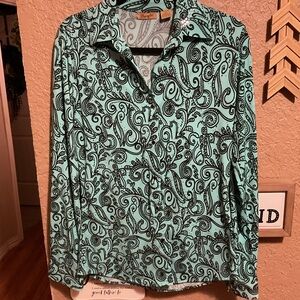 Wrangler Aqua Black Paisley Rhinestone Pearl Snap Button Western Shirt SZ Small